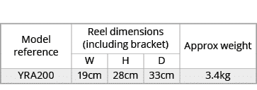 Model reference,Reel dimensions (including bracket),Approx weight,W,H,D,YRA200,19cm,28cm,33cm,3.4kg