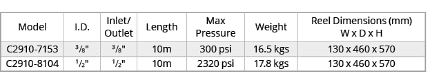 Model,I.D.,Inlet/Outlet,Length,Max Pressure,Weight,Reel Dimensions (mm) W x D x H,C2910 7153,3/8\“,3/8\",10m,300 psi,...