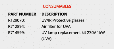 Consumables PART NUMBER DESCRIPTION R129070: UV/IR Protective glasses R712894: Air filter for UVA R714599: UV lamp re...