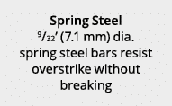 Spring Steel 9/32’ (7.1 mm) dia. spring steel bars resist overstrike without breaking