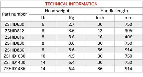 TECHNICAL INFORMATION,Part number,Head weight,Handle length,Lb,Kg,Inch,mm,ZSHID630,6,2.7,30,750,ZSHID812,8,3.6,12,305...