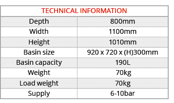 TECHNICAL INFORMATION,Depth,800mm,Width,1100mm,Height,1010mm,Basin size,920 x 720 x (H)300mm,Basin capacity,190L,Weig...