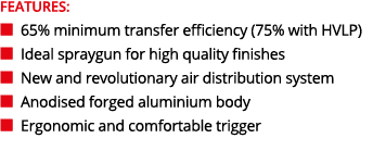 FEATURES: ■ 65% minimum transfer efficiency (75% with HVLP) ■ Ideal spraygun for high quality finishes ■ New and revo...